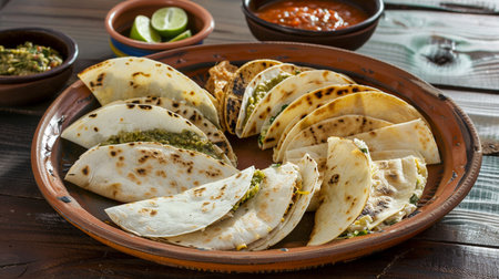 Mexican quesadillas with guacamole and salsaの素材