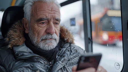 Portrait of senior man using mobile phone while sitting in bus.の素材