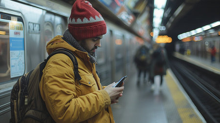 Young man using his mobile phone while waiting for a train at the stationの素材