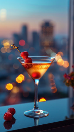 Cocktail with berries on the background of the night city.の素材