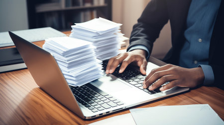 Businessman working on laptop computer with stack of papers on desk.の素材