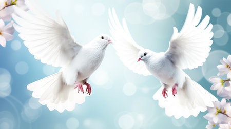 Flying white doves with sakura flowers on bokeh backgroundの素材