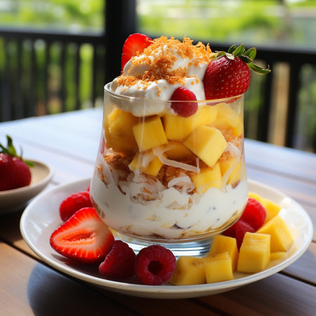 Strawberry and mango parfait with whipped cream in a glassの素材