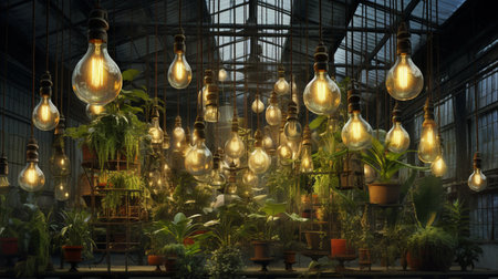 Interior of a large industrial greenhouse with light bulbs and plants.の素材