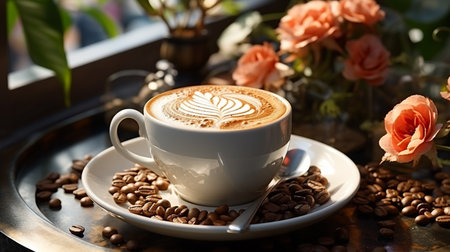 Cup of coffee with beautiful latte art on table in cafeの素材