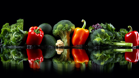 Group of fresh vegetables on a black background with reflection in water.の素材