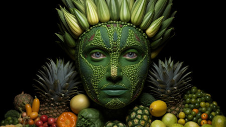 Fruits and Vegetables in a Mask of the Devil on a Black Backgroundの素材