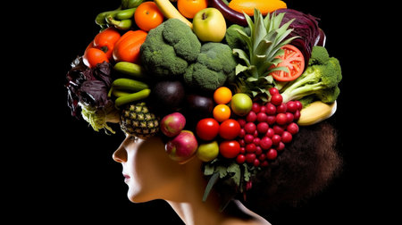 Fruits and vegetables in the head of a woman. Black background.の素材