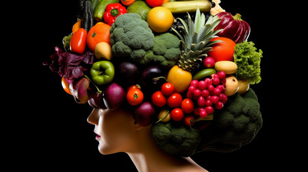 Fruits and vegetables in the head of a woman, isolated on black backgroundの素材