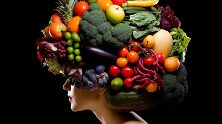 Fruits and vegetables in the head of a mannequin.の素材