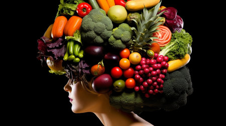 Human head made of fresh vegetables on black background. Healthy food concept.の素材