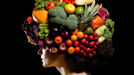 Mannequin head with fruits and vegetables on black background. Healthy food concept.の素材