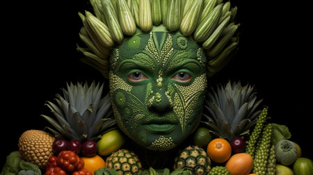 Fruits and Vegetables in a Green Mask on a Black Backgroundの素材