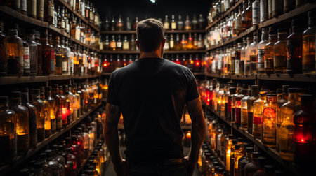 Handsome man in black t-shirt and jeans standing in front of shelves with bottles of alcoholic beverages.の素材