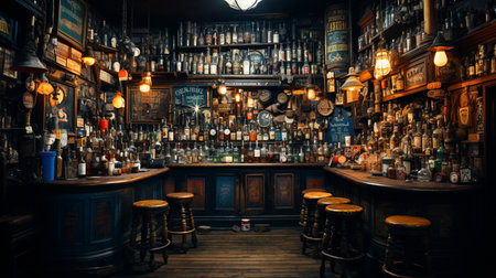 Vintage bar interior with old bottles and chairs, toned imageの素材