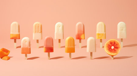 Fruit ice cream popsicles on pastel pink background. Minimal summer concept.の素材