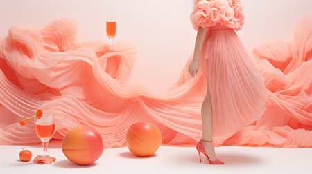 Elegant woman in pink dress with cocktail and orange balls.の素材