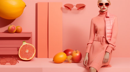 Fashionable young woman in sunglasses posing with fruits on a pink background.の素材