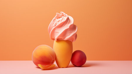 Fruit ice cream with apricots and peach on orange backgroundの素材