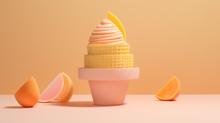 Fruit ice cream in cone on orange background. Minimal style.の素材