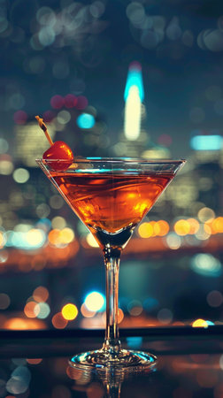 Cocktail with cherry on the background of the night city.の素材
