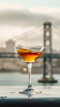Cocktail on the background of the Bay Bridge in San Franciscoの素材