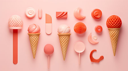 Ice cream in waffle cone, lollipops and other sweets on pink backgroundの素材