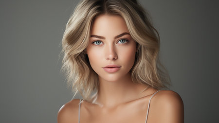 Beautiful blonde woman with long curly hair. Perfect makeup and hairstyle.の素材