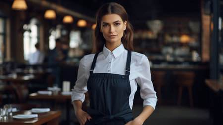Portrait of a young waitress standing in a cafe and looking at cameraの素材