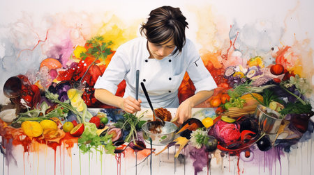 Young woman cooking in the kitchen with a colorful painting on the wallの素材