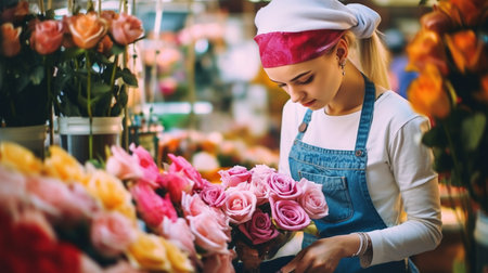 Young female florist in apron and cap working in flower shop.の素材