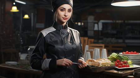 Beautiful young woman cook in a black uniform and hat is cooking in the kitchen.の素材