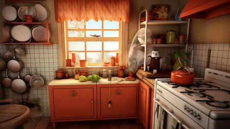 Kitchen interior with furniture and window view. Vintage style toned pictureの素材
