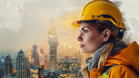 Portrait of a female construction worker on the background of the cityの素材