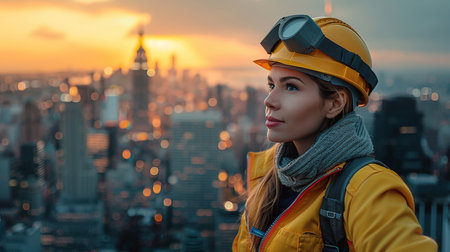 Portrait of a female construction worker in a yellow helmet and reflective vest on the background of the city.の素材