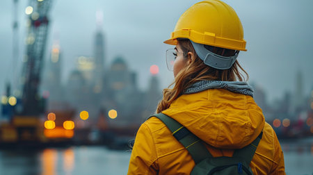 Portrait of a female construction worker on the background of a large city.の素材