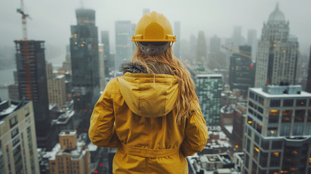 Female construction worker in yellow helmet looking at the city during a cloudy dayの素材