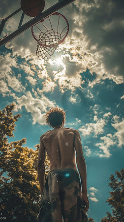 Back view of a young man playing basketball against blue sky with cloudsの素材