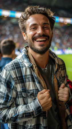 Portrait of a happy young man in a checked shirt at the stadiumの素材