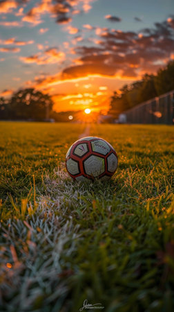 Soccer ball on green grass at sunset time. Selective focusの素材