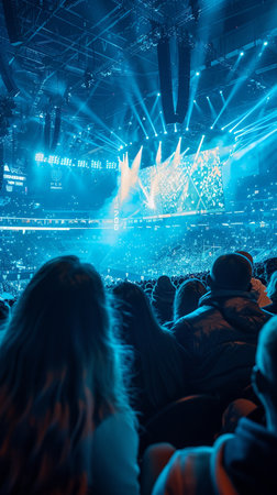 Concert crowd in front of a bright stage with lights and smokeの素材