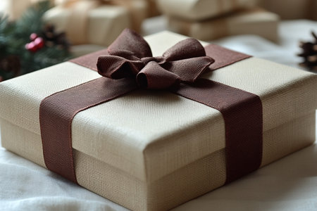 Christmas gift box with brown ribbon on white background, close-upの素材