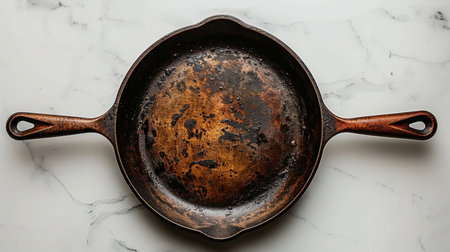 Old cast-iron frying pan on white marble background, top viewの素材
