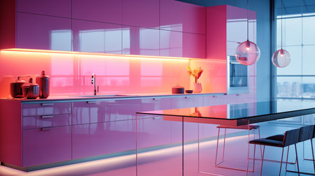 3d Illustration of violet modern kitchen in a house with a beautiful designの素材