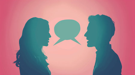 Silhouette of man and woman talking with speech bubble on pink backgroundの素材
