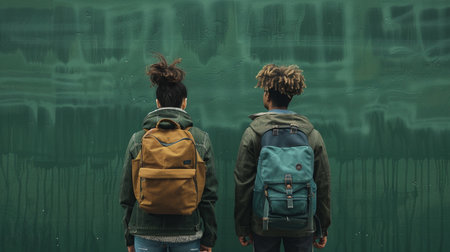 Back view of two teenagers with backpacks looking at a green wallの素材