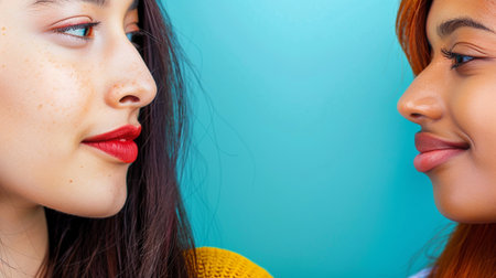 Close-up portrait of two beautiful young women with red lips on a blue backgroundの素材