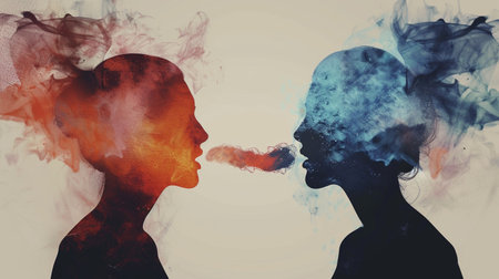 Double exposure portrait of man and woman with smoke. Concept of loveの素材
