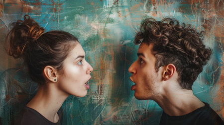 Young couple in love. Portrait of a man and a woman on a grunge backgroundの素材