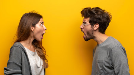 Young couple over yellow wall shouting with mouth wide open to the sideの素材